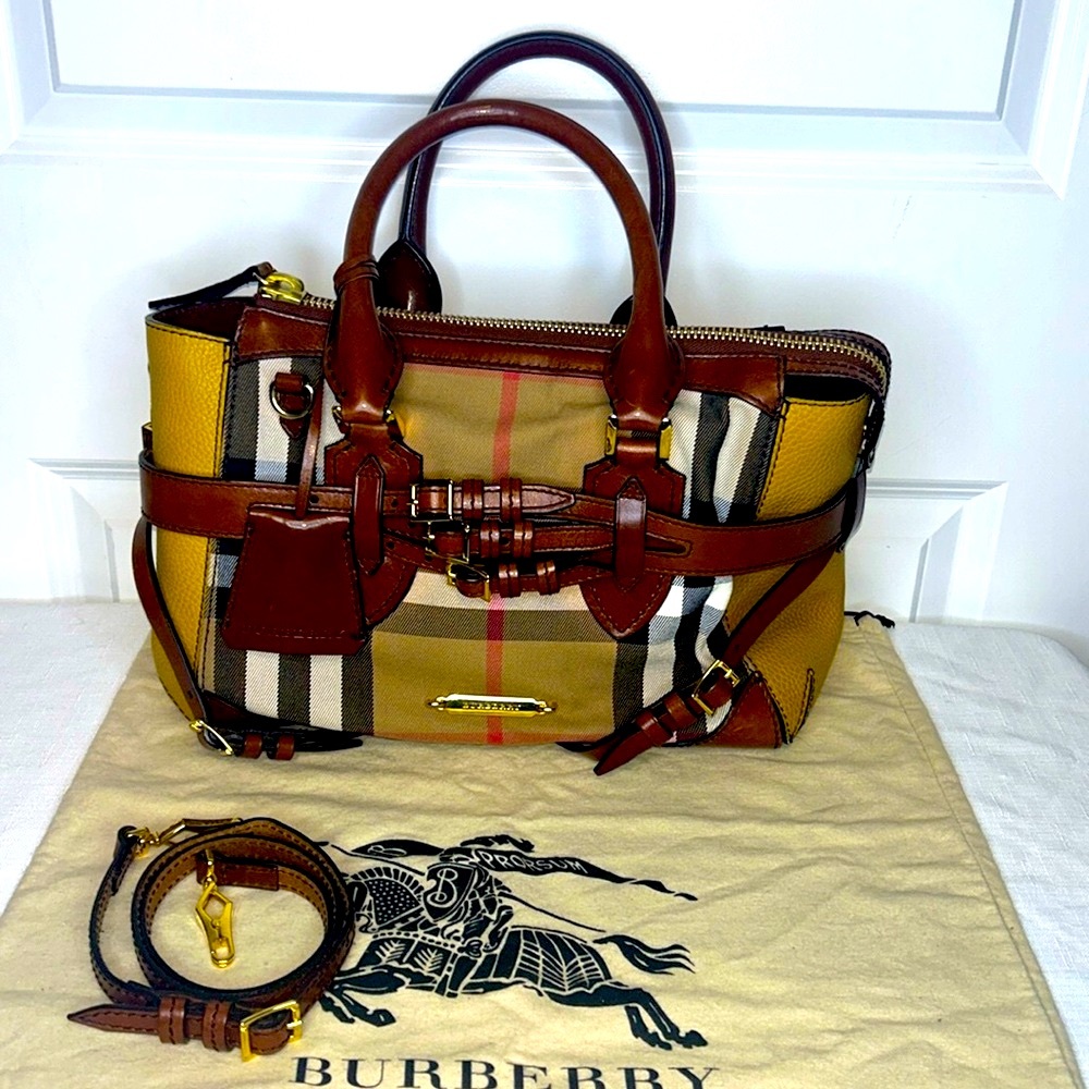 Burberry Gladstone Brown & Yellow House Check Leather Satchel Tote bag lock key - Picture 15 of 17